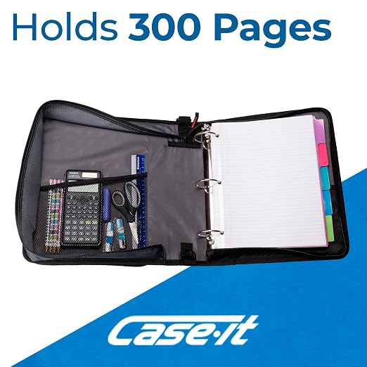 Case-it School Zipper Binder | 1.5-Inch O-Rings | 300-Sheet | LT-117 Black | Workstation, 13-Inch Laptop/Tablet Padded Pocket, Multiple Pockets, Shoulder Strap, 6-Pack, Office