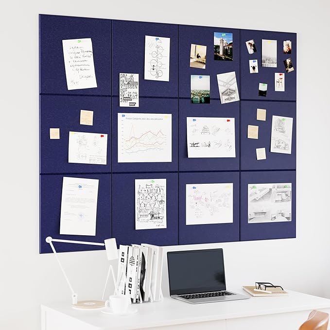 Large Cork Board for Wall, 48" x 36" Bulletin Board with Pushpins, 12 Panels Felt Tiles Tack Push Pin Board for Office, Dark Blue