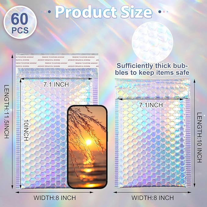 Henoyso 60 Pcs 8 x 11.5 Inch Holographic Bubble Mailers Metallic Bubble Envelopes Waterproof Self Seal Shipping Bags Thick Cushioning Mailers for Makeup Jewelry Small Business Packaging, Rainbow Color