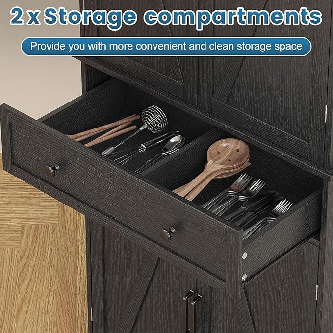 72" Tall Kitchen Pantry Cabinet, Black Pantry Storage Cabinet with Adjustable Shelves, Barn Doors and Drawer, Farmhouse Cupboard for Kitchen, Dining Room, Bathroom (16" D x 30" W x 72" H)