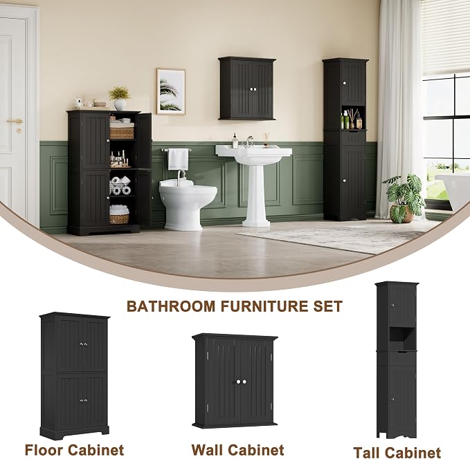 ChooChoo Bathroom Floor Cabinet with Adjustable Shelves | Bathroom Storage Cabinet, 4 Doors, Freestanding Cupboard for Living Room, Kitchen Pantry, Black