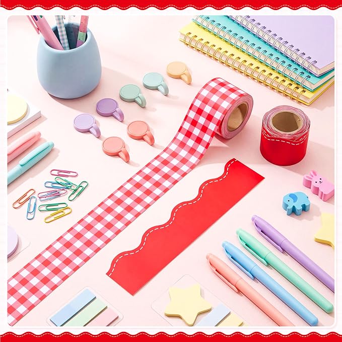 2 Rolls 65.6ft Red Gingham Bulletin Board Borders Decoration Red Checkered and Straight Edge Bulletin Borders Board Trim for Office School Classroom Chalkboard Party Decoration