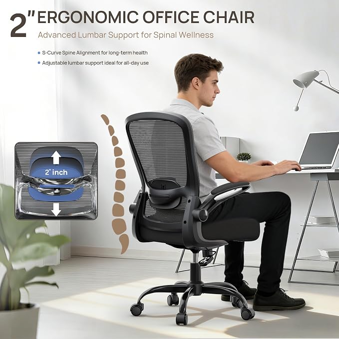Ergonomic Office Chair w/Adjustable Lumbar, Flip Armrest, 135° Recline | Supports 300 lbs · Seat 19.48"–23.4" · Breathable mesh · 20–30 min assembly · 5-year warranty