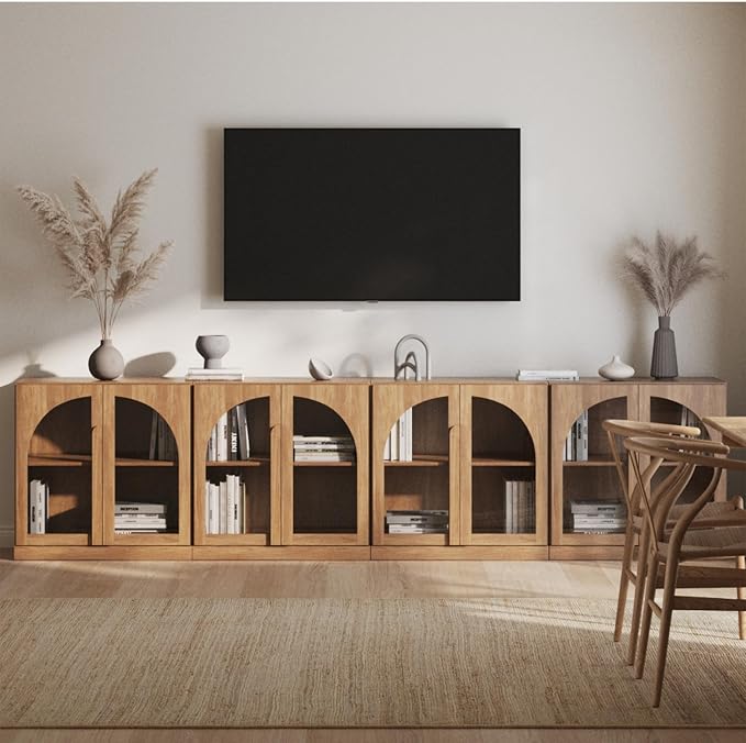 BELLEZE 2 Tier Bookshelf with Arched Glass Door, Set of 4 Modern Display Bookcase Shelf with Storage and Adjustable Shelves, 126" Wood Bookshelves for Living Room Office Entryway (Camel)