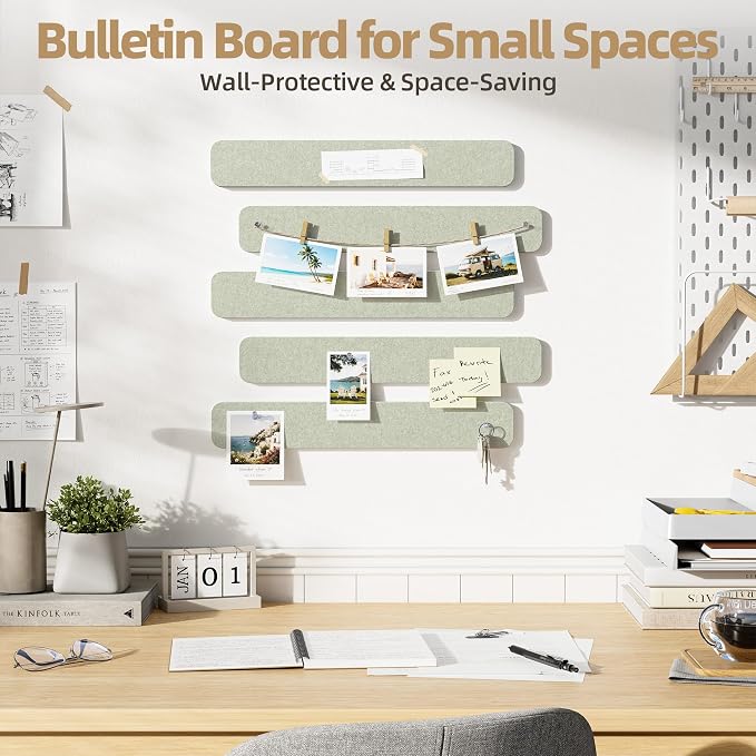 10 Pack 13"x2" Cork Board Strip with Removable Adhesive Squares & Push Pins | Pin Board Alternative Felt Strip Bulletin Board, Felt Board for Photo & Note Display, Home Office Decor - Sage