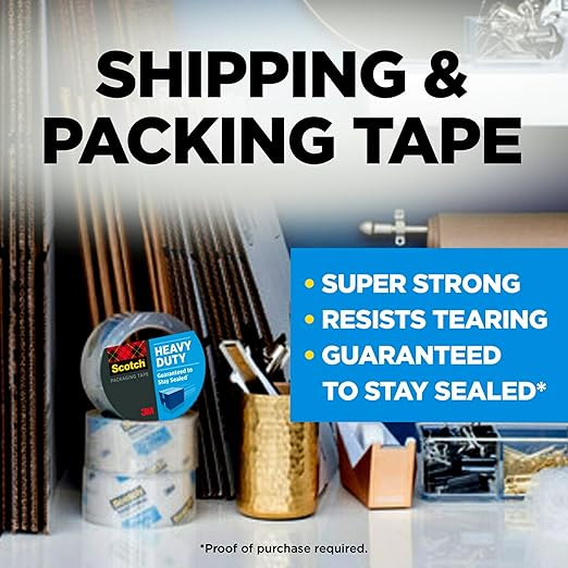 Scotch Heavy Duty Packaging Tape, 1.88" x 54.6 yd, Designed for Packing, Shipping and Mailing, Strong Seal on All Box Types, 3" Core, Clear, 6 Rolls (3850-6)