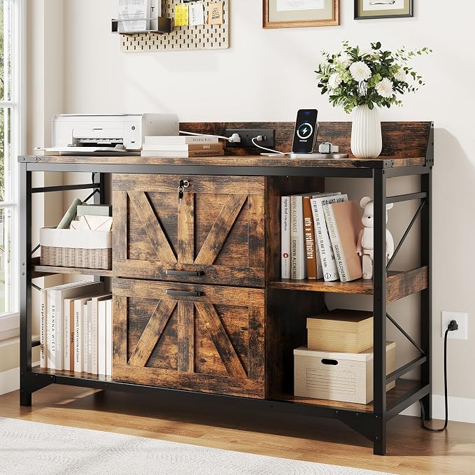 44" File Cabinet, Lateral Filing Cabinet for Home Office with 2 Drawers, Office Storage Cabinet with Lock and Key, Wooden Printer Stand with 4 Storage Shelves, Power Outlets, Bookshelf, Rustic Brown