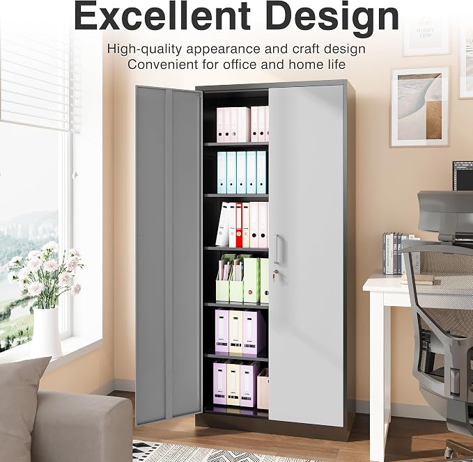 Storage Cabinet with Doors and Shelves,71" Metal Storage Cabinet with Lock,5 Adjustable Shelf, Steel Lockers for Home Office,School,Shop,Garage Tool Utility Cabinets