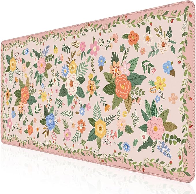 iCasso Floral Desk Mat for Keyboard and Mouse, Pink Floral | Cute Gaming Mouse Pad,Anti-Slip Soft Lycra Surface Computer Mat Women,Girly Big Mousepad for Home Office