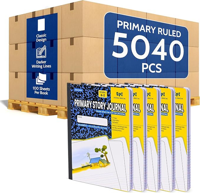 5040 Pack (Pallet) EPI Primary Ruled Composition Notebook Bulk, 200 pages (100 Sheets), 9-3/4 x 7-1/2, Blank Top Header For Drawing, Story Paper, Heavy Duty, School Supplies, Grades K-2, Sewn Binding