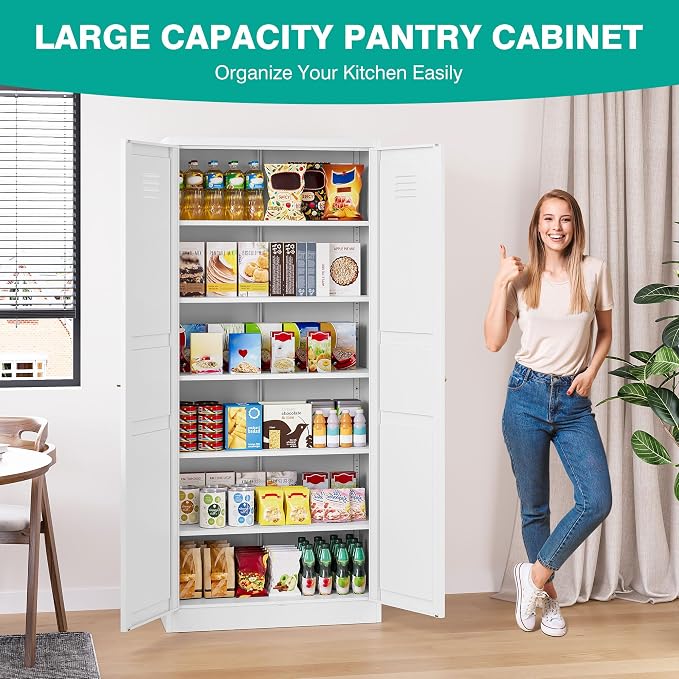 71" Tall Pantry Cabinet with 2 Doors and 5 Shelves,Kitchen Pantry Storage Cabinets,White Metal Storage Cabinet,Wide Deep Food Cupboard for Home,Kitchen,Dining/Living Room
