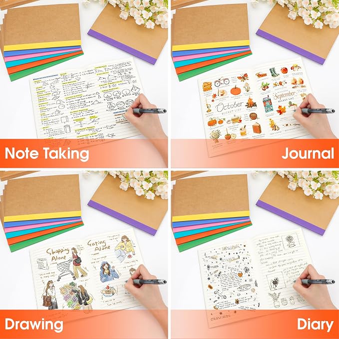 YesBes 64 Pack Composition Notebooks Bulk, A5 Kraft Cover Lined Journaling Notebooks, 8.3”x 5.5” Travel Notebook for School Office Students Artists, 8 Colors 60 Pages