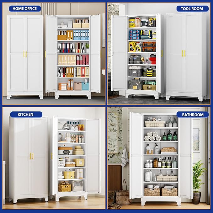 Metal Storage Cabinet with 2 Doors and 5 Adjustable Shelves - 74.8" Steel File Cabinet,Tool Cabinets for Office,Home,Garage,Gym,School (White)