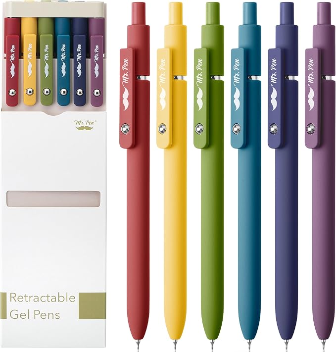 Mr. Pen- Retractable Gel Pens, 6 Pack, Vintage Color Barrels, Black Ink | Fast Dry, Fine Point 0.5mm, Cute and Aesthetic for Journaling