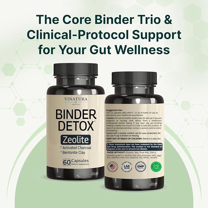 VINATURA Binder Zeolite Detox for Adults - Activated Charcoal, Zeolite, Bentonite Clay, Apple Pectin and More - Support Body Detox Cleanse with Binder Supplements, 60 Capsules