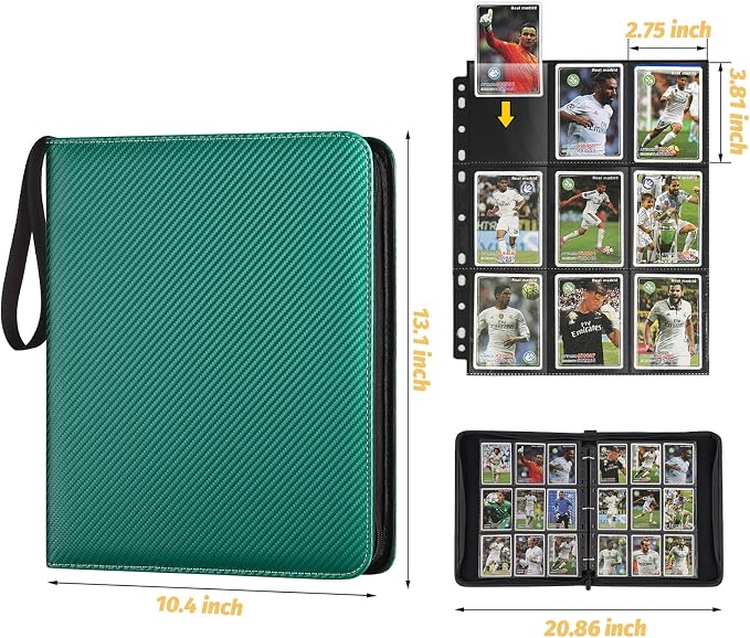 GERMUN 3 Ring 9 Pocket Zipper Card Binder, 720 Double Sided Standard PU Trading Card Album Folder for TCG & Sports Cards, Not Fit Top Loaders (Dark Green)