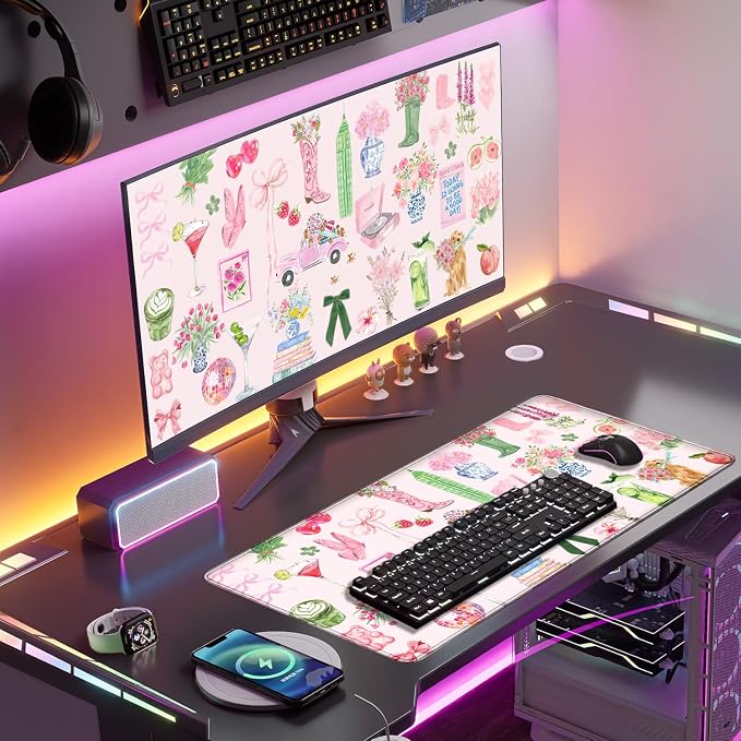 Pink Pastel Floral Desk Mat Cute Kawaii Retro Vintage XXL Large Mouse Pad Flower Desk Pad Mat Laptop Computer Keyboard and Mouse Mat Aesthetic Office Decor for Women Girl Teacher