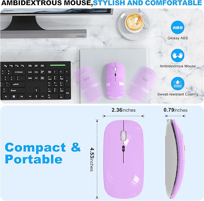 Azmall Bluetooth Wireless Mouse, Slim LED Rechargeable Silent Mouse with 2.4GHz USB-A/USB-C Receiver & Type-C Adapter, Compatible with Laptop, MacBook, iPad, iPad Pro,Mac,Tablet - Purple