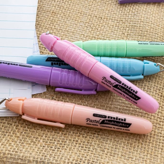 BAZIC PRODUCTS Mini Pastel Highlighters, Chisel Tip, Cap Clip, 5 Count | Quick-dry, assorted pastel mini highlighters, compact, non-toxic ink, ASTM D-4236, odorless