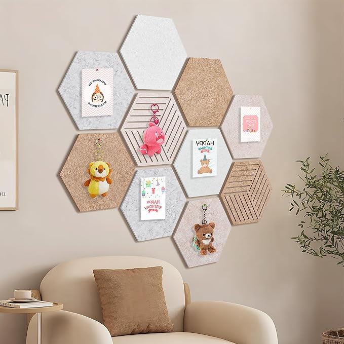 Large Felt Bulletin Cork Board Tiles for Office 15 x 13 inch, 10Pcs | Fully Self Adhesive Backing, 1300 g/m² High-Density Felt Hex Corkboards for Wall, Frameless, Peel & Stick, Modern, Decorative