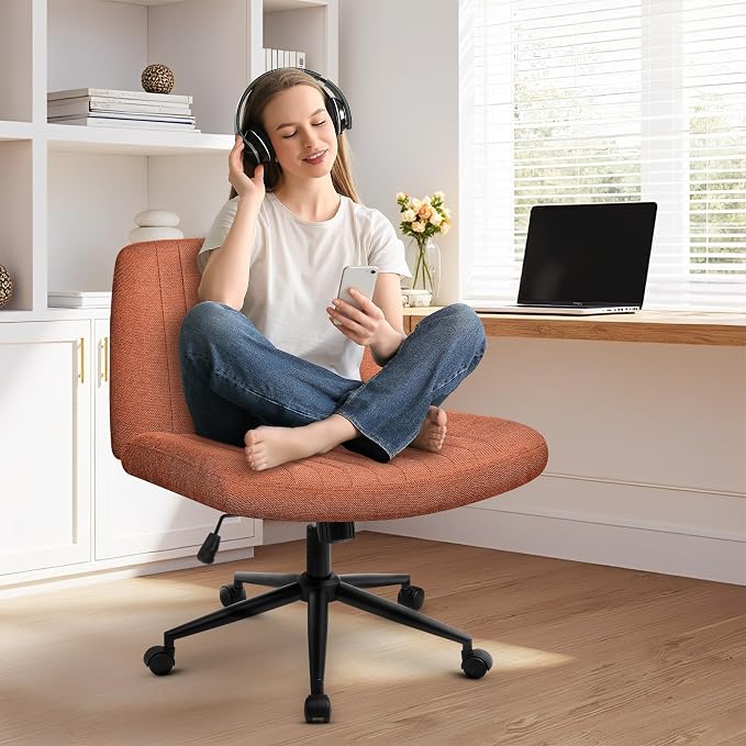 NEO CHAIR Criss Cross Chair with Wheels Armless Cross Legged Office Desk Wide Comfy Vanity Makeup Chair Adjustable Swivel Rolling Computer for Home Office Fabric (Brown) | Cross-Legged Friendly Design, Dual Base with Wheels or Pads, 360° Swivel & Heigh...
