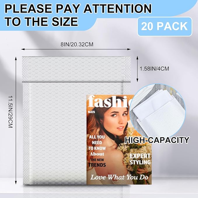 Ireer 20 Pack 8 X 11.5'' Large Bubble Mailers Padded Envelopes Self Seal | Poly Cushioned Protection, Waterproof Exterior, For Business Shipping Gifts Packaging, Secure Adhesive, Durable Mailing Bags