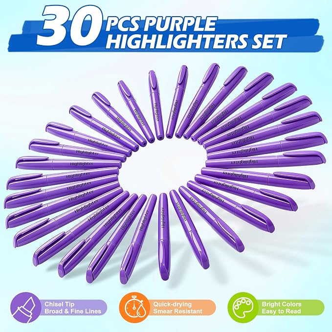 Duchong Highlighters, 30 Packs Purple Highlighter Bulk, Chisel Tip Dry-Quickly No Bleed Highlighter Markers for Adults Kids, Office Classroom Must Have, School Supplies for Teachers