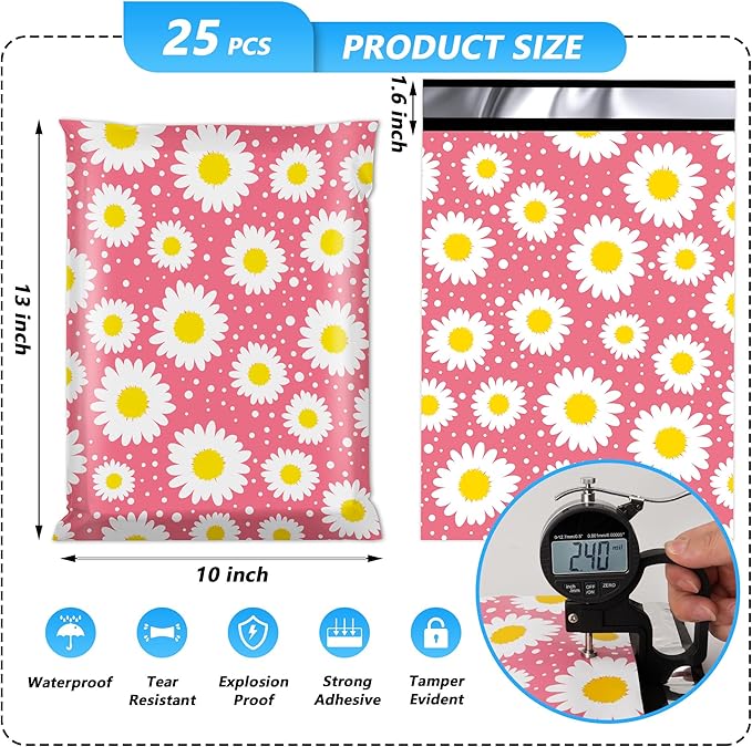 Poly Mailer 10x13 Inch 25 Pcs, Waterproof and Tear-Resistant Shipping Bags for Clothing, Cute Mailing Bags with Self-Seal, Daisy Printed Packaging Bags for Small Business