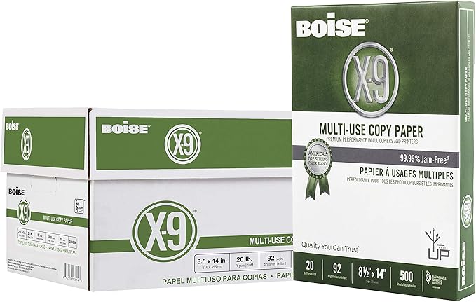 Boise X-9 Multi-Use Printer & Copy Paper, 10 Reams, White, Legal (8.5in x 14in), 5000 Sheets Per Case, 20 Lb, 92 Brightness