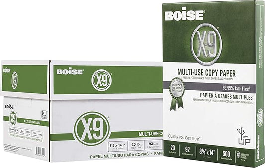Boise X-9 Multi-Use Printer & Copy Paper, 10 Reams, White, Legal (8.5in x 14in), 5000 Sheets Per Case, 20 Lb, 92 Brightness