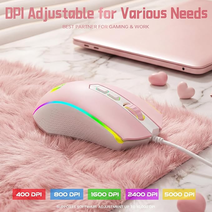 Redragon Updated S107WP Gaming Keyboard and Mouse, RGB Gaming Keyboard and 10000 DPI Mouse Combo with 25-Key Anti-Ghosting, 1K Hz Programmable Mice with Software, Plug & Play to PC, Laptop - Pink