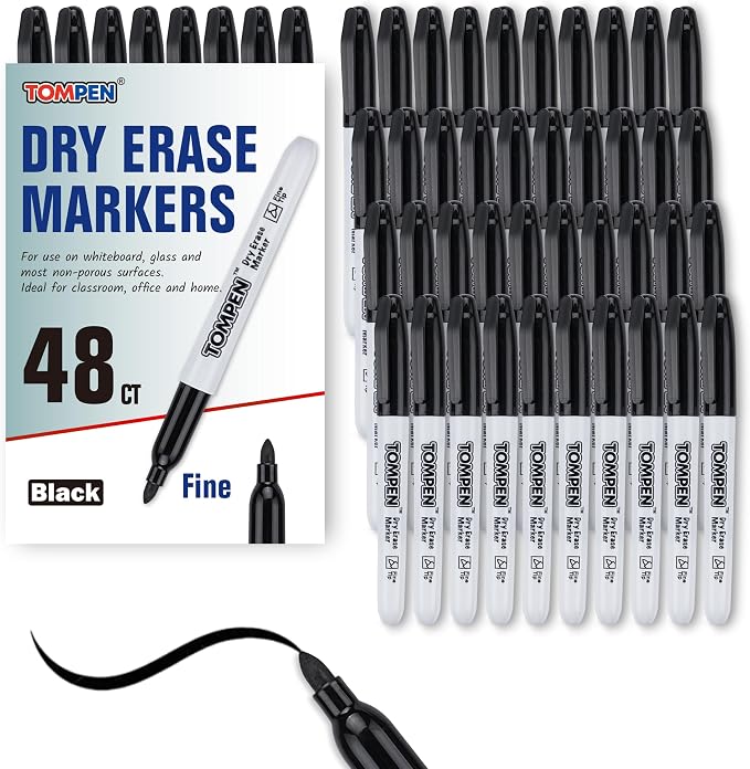 Dry Erase Markers Fine Tip,Black,48 Count Bulk,Thin Erasable Whiteboard Markers with Low Odor Ink Quick-Drying for Calendar Boards Office Home School Writing Planning
