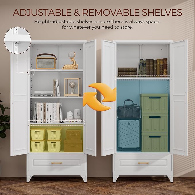 75" Kitchen Pantry Cabinet, Metal Storage Cabinets with 2 Doors | Kitchen Cabinet with Drawer & 3 Adjustable Shelves, Tall Food Pantry Cabinet, Cupboard for Kitchen, Dining Room, Living Room