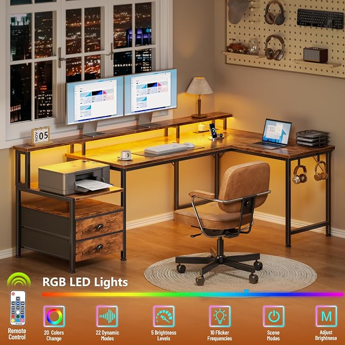 Korfile 57'' L Shaped Computer Desk with Storage Drawers, Power Outlet, LED | Office Desk with Host Stand, Reversible Corner Design for Gaming, Work, Home Office, Study Room, Bedroom