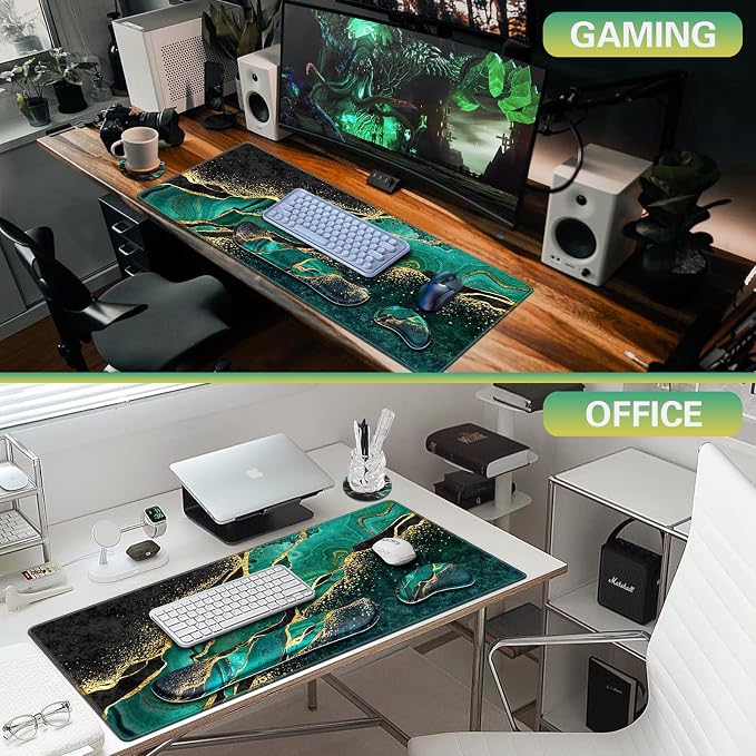 Canjoy Desk Mat with Wrist Rest, Keyboard and Mouse Pad Wrist Support Pad | 4-in-1 Big Large Mouse Pad(35.4×15.7in) + Keyboard Wrist Rest + Coaster, Marble Keyboard Mat Computer Desk Pad Memory Foam
