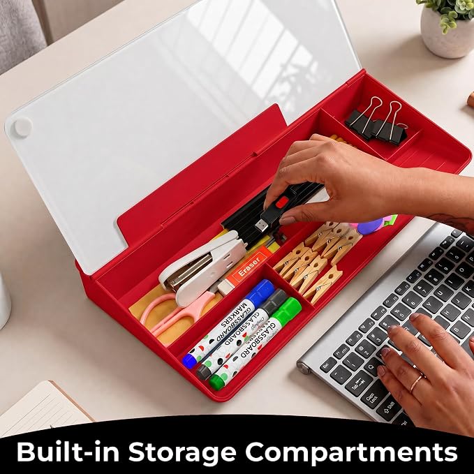 Chalkola Red/White Glass Desktop Whiteboard with Storage, Dry Erase Board | Work Desk Organizers, Computer Keyboard Stand, Home Office Desk Accessories, Workspace Deskboard Buddy, Small White Board