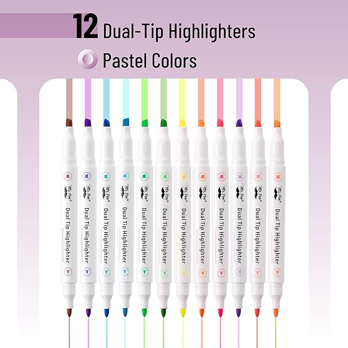 Mr. Pen- Dual Tip Highlighters, Pastel Colors, 12 Pack, Fine & Chisel Tip Assorted Colors, Markers for Journaling