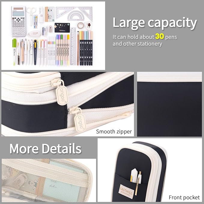 EASTHILL Big Capacity Pencil Case Large Pencil Pouch Stationery Pen Bag for Teen Girls-Black