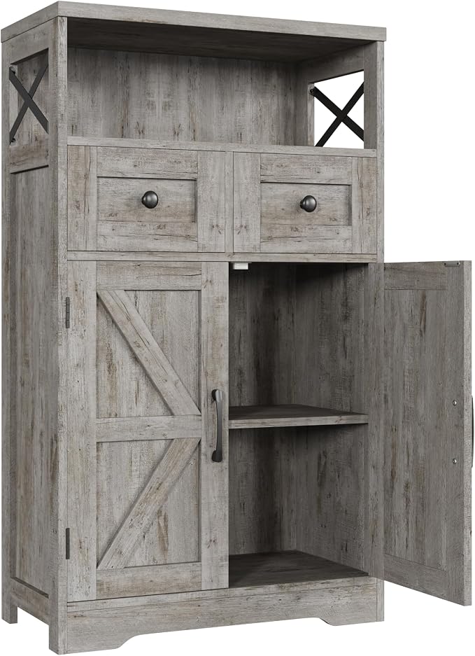 Farmhouse Storage Cabinet Set of 2, Small Kitchen Pantry Coffee Bar Cabinet | Accent Buffet Cabinet Cupboard, 2 Drawers, Barn Doors & Adjustable Shelves, for Kitchen/Entryway/Bathroom, Washed Gray