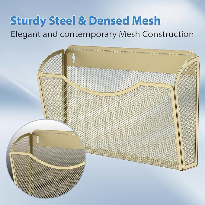 MINDEPOT Wall File Organizer, Hanging Wall File Holder, 2 Pack, Gold | Heavy Duty Iron, Metal Mesh Wall Mount, Single Pocket, Mail Organizer, for Office School Classroom Home, Letter A4 Size