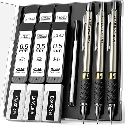 3PCS Metal Mechanical Pencil Set with 0.5 mm Fine Point, 360 Leads, 12 Erasers, Art Mechanical Pencils Pack with Storage Case for School Writing, Sketching, Drawing & Professional Drafting