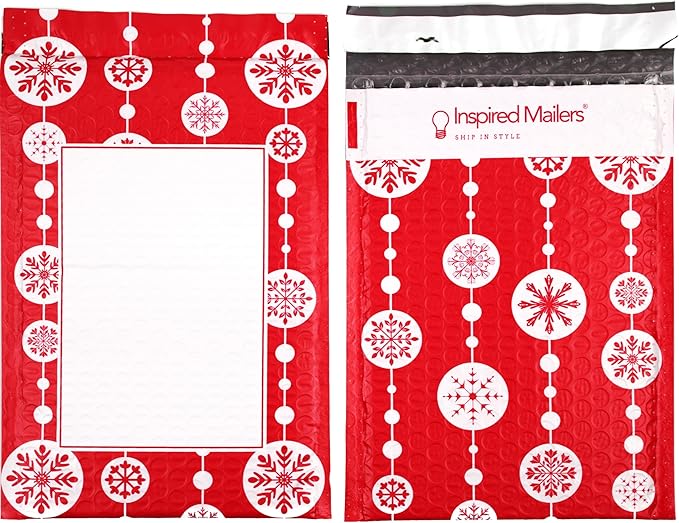 Bubble Mailers 6x9" - Red Snowflake Baubles with Writable Area - 10 Pack - Holiday Poly Padded Envelopes and Bubble Shipping Mailers