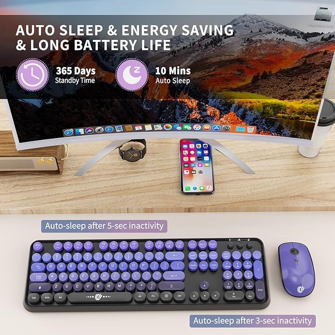 Wireless Keyboard and Mouse Combo, 104 Keys Full-Sized 2.4 GHz Round Keycap Colorful Keyboards, USB Receiver Plug and Play, for Windows, Mac, PC, Laptop, Desktop (GradientPurple)