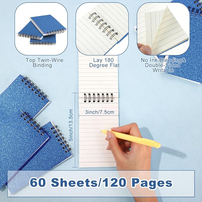 Tenceur 6 Pcs Pocket Notebook Small 3x5 Inch Blue Glitter Top Spiral Notepads Bound Notebook with Lined 120 Pages Mini Memo Pads for Office College Nurse Essentials Back to School Gift