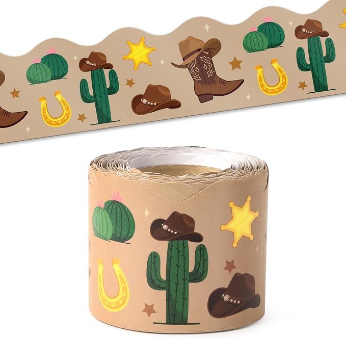 BeYumi Western Cowboy Border Trim - 65ft Back to School Western Cowboy Themed Light Brown Rolled Border Trim Decor Wild West Bulletin Board Set School Classroom Office Chalkboard Party Decoration