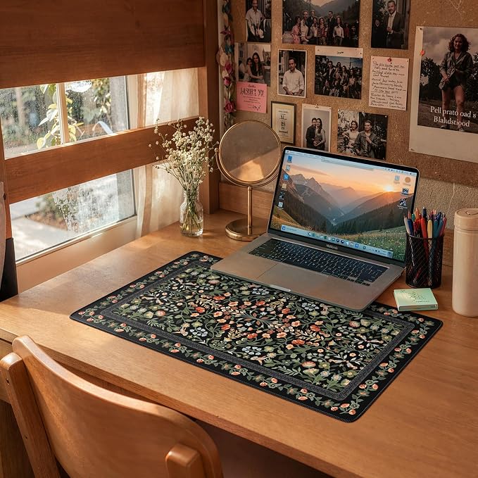 iCasso Aesthetic Mouse Pad,23.6x13.7in Desk Pad, Black Flower | Vintage Desk Matt for Desktop, Anti-Slip Mousepad with Stitched Edges for Laptop Computer Keyboard