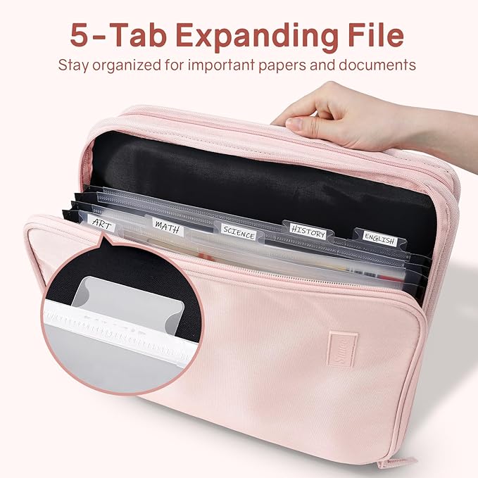 SUNEE Zippered Binder Bag with Handle, 2-Inch 3-Ring O-Ring, 500-Sheet Capacity, Includes Zip Pocket, 5-Tab Expanding File Folder, Multi-Pocket Organizer Binder for Middle School, Pink Lotus