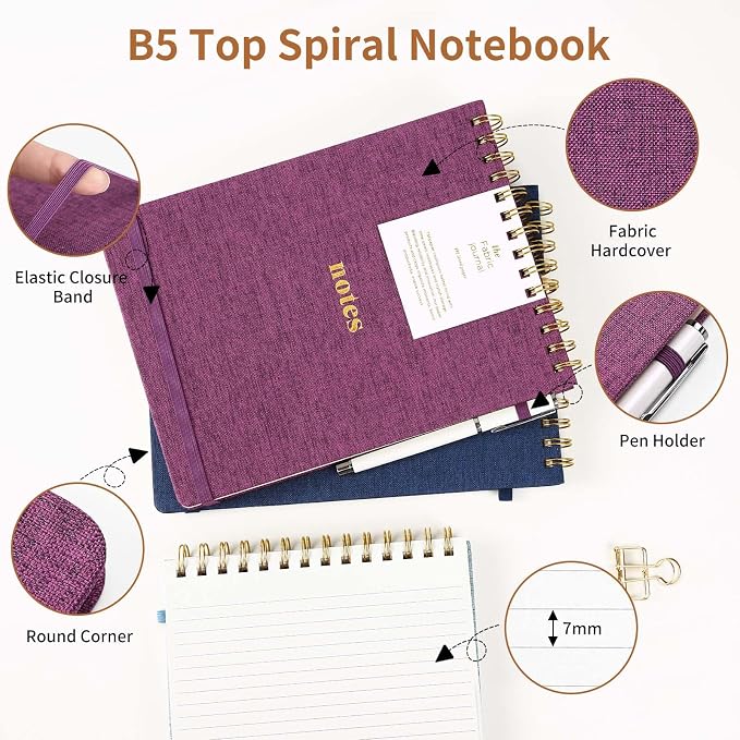 B5 Top Spiral Notebook, College Ruled Journal 7.36" x 9.84" | Fabric Hardcover Steno Pads, Elastic Band & Pen Loop, 100GSM Paper, 192 Lined Pages for Work, School, Travel (Purplish-red)