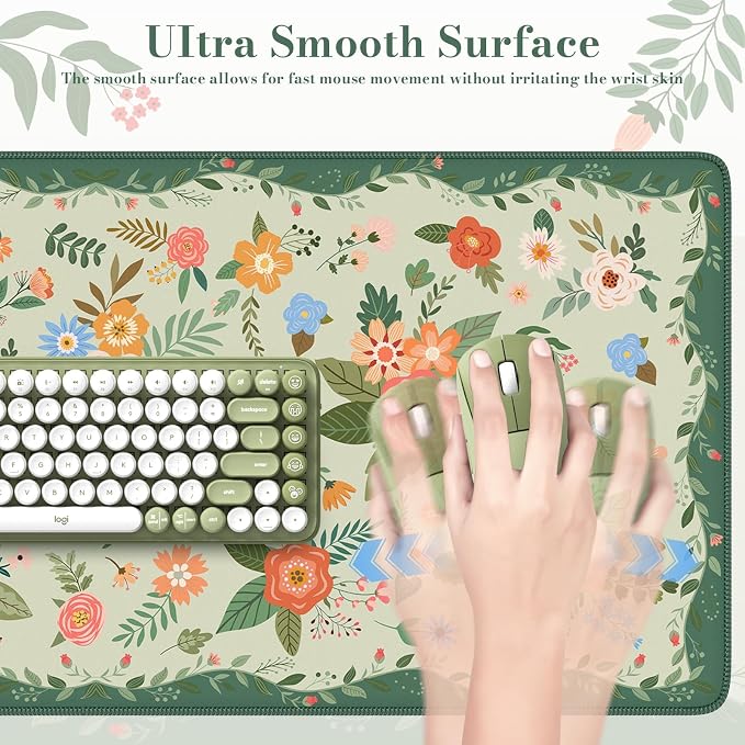 iCasso Floral Desk Mat for Keyboard and Mouse,Green Floral | Cute Gaming Mouse Pad,Anti-Slip Soft Lycra Surface Computer Mat Women,Girly Big Mousepad for Home Office