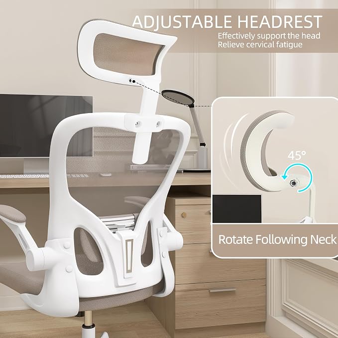 Monhey Ergonomic Office Chair, 90°-125° Tilt Back Home Desk Chair with 360° Swivel & Mute Wheels, High Back Mesh Computer Chair for Adults with Lumbar Support, 330 LBS Capacity (04White+Khaki)